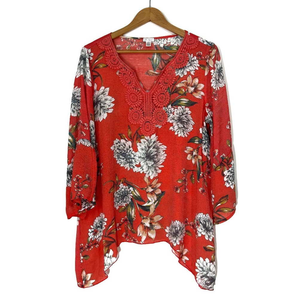 Spense Women’s Size Large Orange Floral Print Asymmetrical Hem Casual Blouse Top
